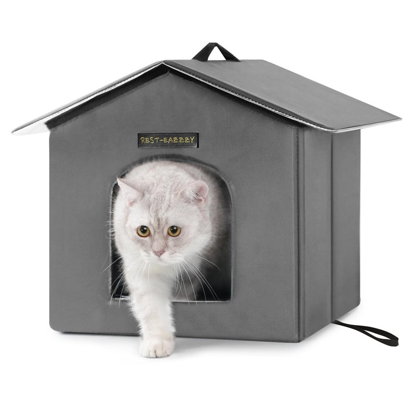 Rest-Eazzzy Outdoor Cat House, Feral Cat House Insulated with Mat and Clip, Weatherproof and Insulated, Cat Beds for Cats Kittens Puppies, Never Blow Away (Grey, S 13" X 13" X 14") - Image 1