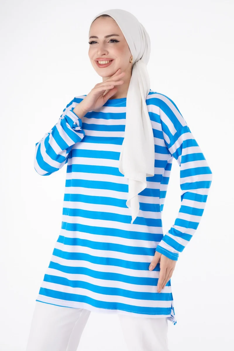 Tofisa Plain Crew Neck Women's Blue Striped Tunic - 25262