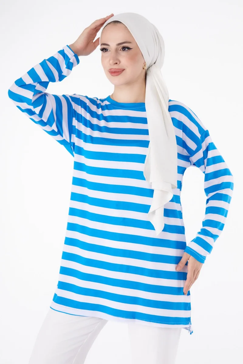 Tofisa Plain Crew Neck Women's Blue Striped Tunic - 25262