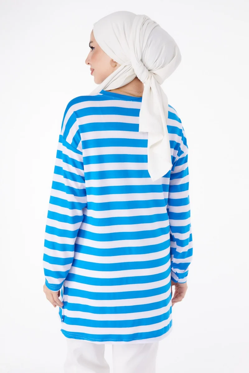 Tofisa Plain Crew Neck Women's Blue Striped Tunic - 25262