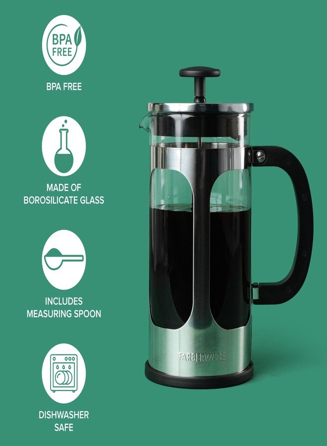 Farberware French Press Coffee Maker, Tea & Espresso Maker, Stainless Steel Cold Brew Press, Heat-Resistant Borosilicate Glass, BPA-Free, Measuring Spoon Included, 8 Cup Capacity (Stainless) - Image 2