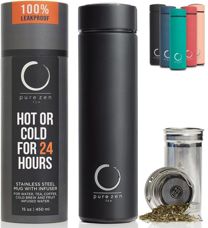 THERMOS WITH INFUSER FOR HOT AND COLD INFUSIONS COFFEE AND FRUITINFUSED WATER STAINLESS STEEL TEA INFUSER BOTTLE LEAKPROOF TRAVEL MUG WITH FILTER 15OZ BLACK