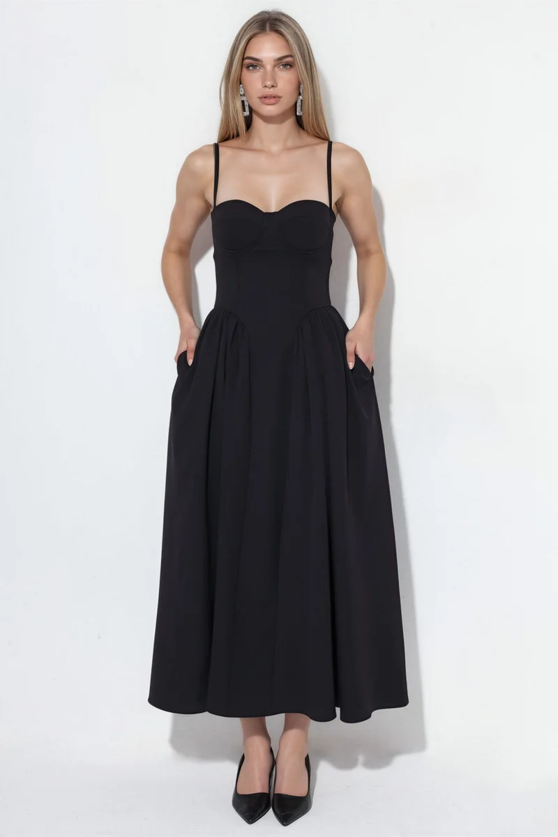 Hiccup Solid Midi Dress With Heart Neckline