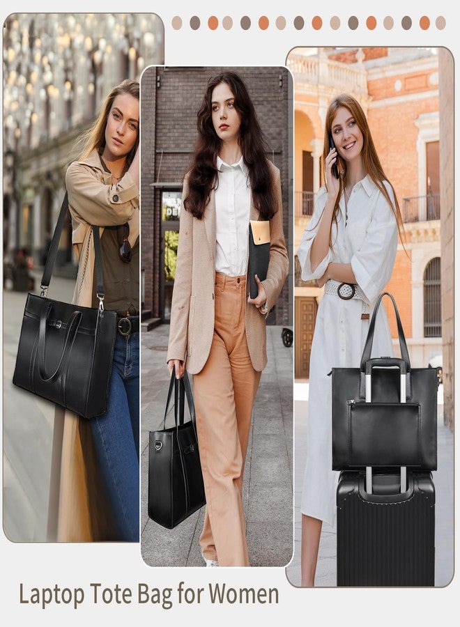 ESTARER Women's Laptop Leather Bag, 15.6 Inch Teacher Tote Bag with Removable Laptop Sleeve, Large Water-Resistant Shoulder Laptop Bag for Work/Travel/Office (3Pcs, Black) - Image 2
