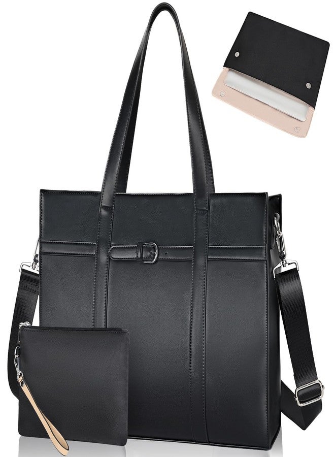 ESTARER Women's Laptop Leather Bag, 15.6 Inch Teacher Tote Bag with Removable Laptop Sleeve, Large Water-Resistant Shoulder Laptop Bag for Work/Travel/Office (3Pcs, Black) - Image 1