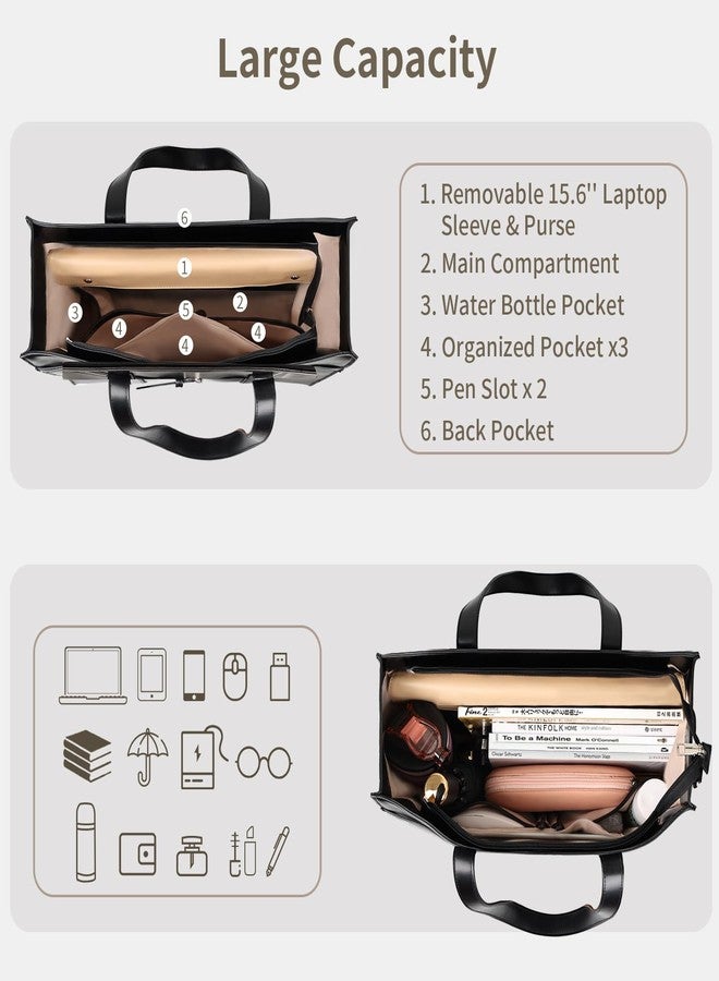 ESTARER Women's Laptop Leather Bag, 15.6 Inch Teacher Tote Bag with Removable Laptop Sleeve, Large Water-Resistant Shoulder Laptop Bag for Work/Travel/Office (3Pcs, Black) - Image 4