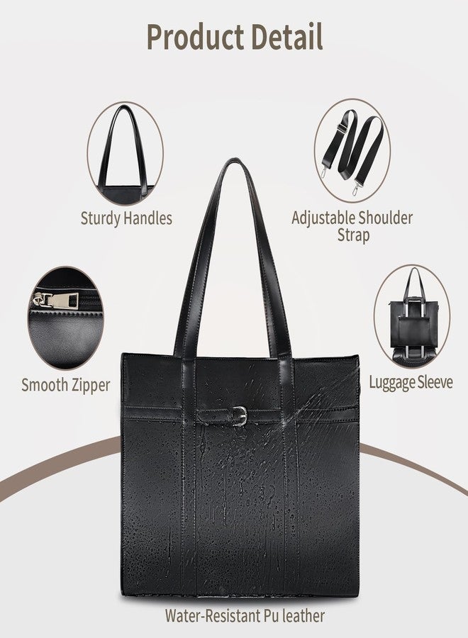 ESTARER Women's Laptop Leather Bag, 15.6 Inch Teacher Tote Bag with Removable Laptop Sleeve, Large Water-Resistant Shoulder Laptop Bag for Work/Travel/Office (3Pcs, Black) - Image 5