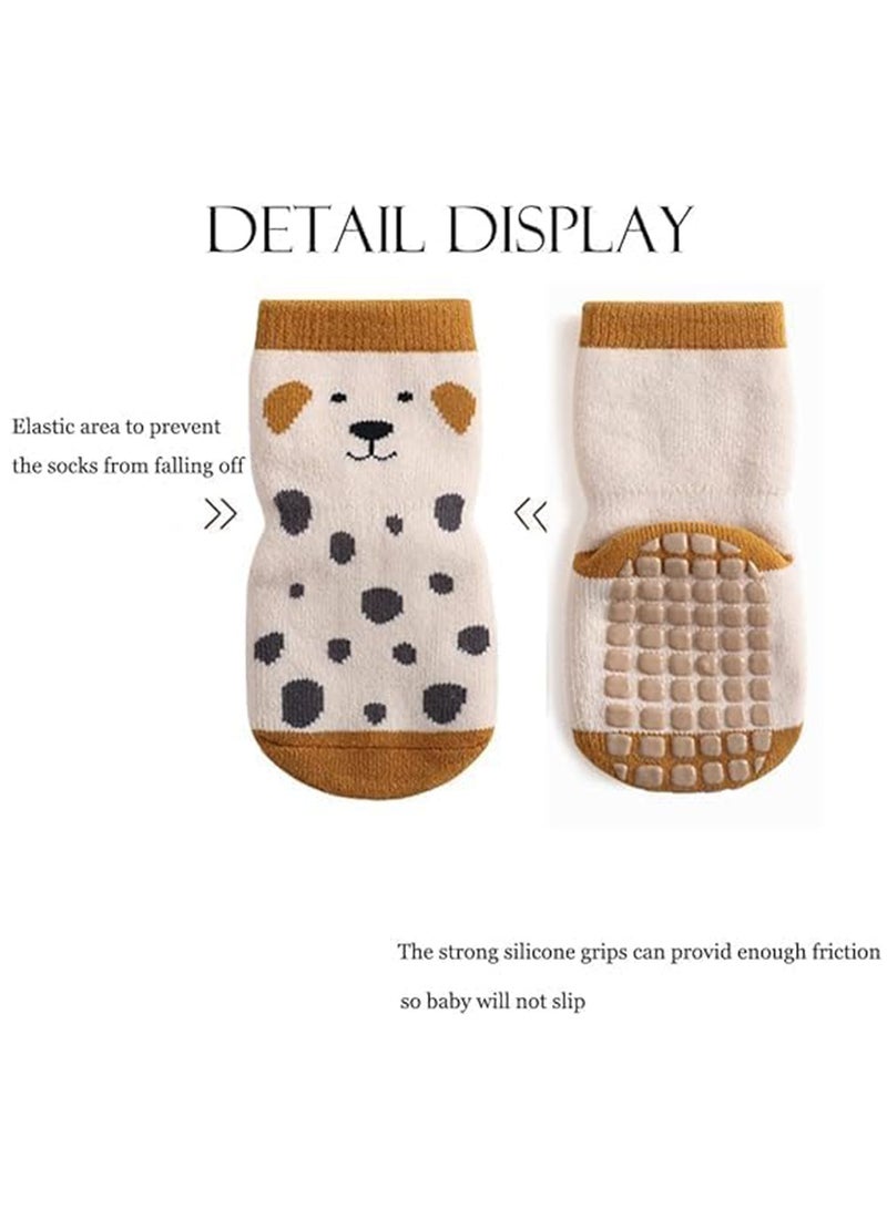 جوارب للأطفال، جوارب غير قابلة للانزلاق مع نقاط Grip، جوارب شتوية سميكة دافئة برسوم كرتونية للأطفال، 5 أزواج للبنات والأولاد - Image 4