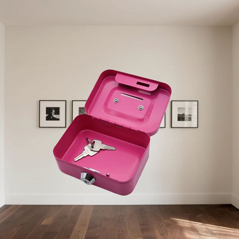 Small Pink Lockable Money Box Secure Storage for Coins and Bills Portable for Home or Office - Image 1