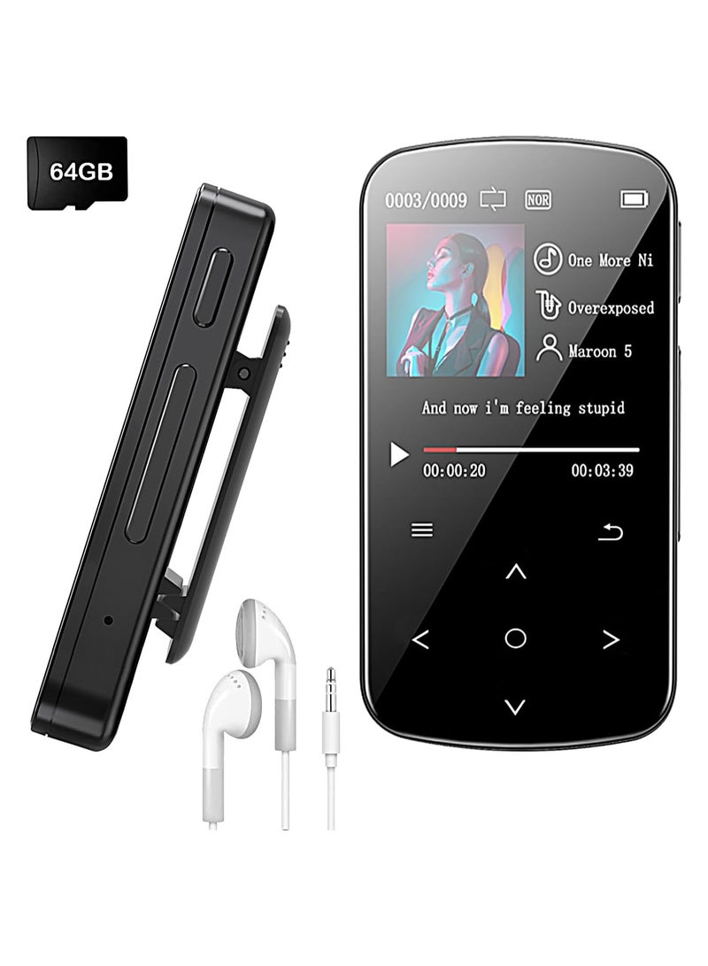 MP3 Player 64GB with Bluetooth 5.2, 1.5 inch Colorful Screen Sensitive Touch on, Hi-Fi Music MP3 Player with Clip Pedometer Voice Recorder Card Reader, Function for Sports Running - Image 1