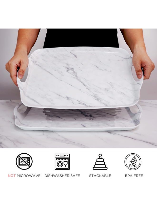 TP Serving Tray with Handles, Large Rectangle Melamine Serving Platter Set of 2, Marble - Image 2