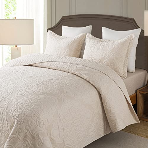 NEWLAKE Quilt Bedspread Set, Beige Jacquard Embossed Floral Pattern Reversible Embroidered Microfiber Coverlet Sets, Queen Size - Image 2