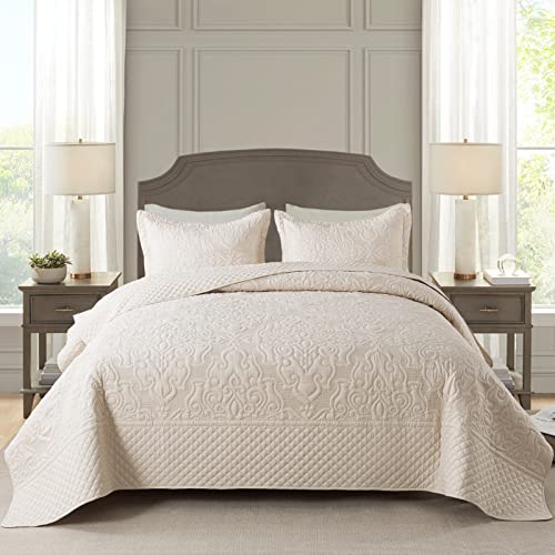 NEWLAKE Quilt Bedspread Set, Beige Jacquard Embossed Floral Pattern Reversible Embroidered Microfiber Coverlet Sets, Queen Size - Image 1