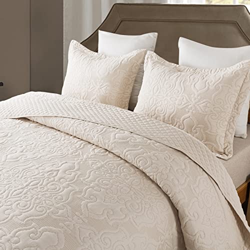 NEWLAKE Quilt Bedspread Set, Beige Jacquard Embossed Floral Pattern Reversible Embroidered Microfiber Coverlet Sets, Queen Size - Image 3
