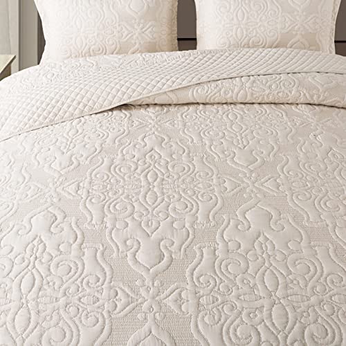 NEWLAKE Quilt Bedspread Set, Beige Jacquard Embossed Floral Pattern Reversible Embroidered Microfiber Coverlet Sets, Queen Size - Image 4