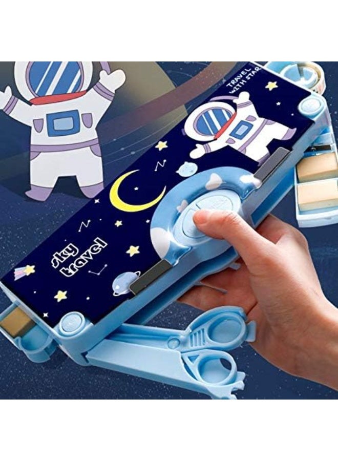 Bukela Multifunction Pop Up Pencil Case Kawaii Cute Cartoon Pencil Box with Scissors Ruler and Pencil Sharpener (Blue Astronaut) - Image 3