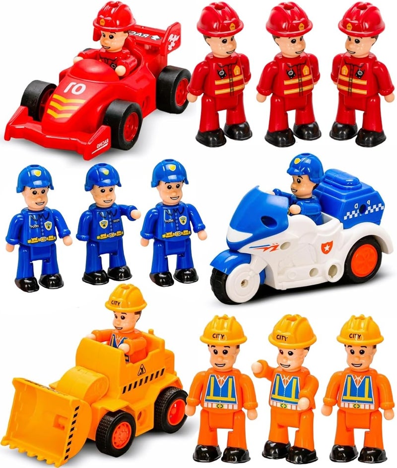 FUNERICA 12Pcs People Figures and Toy Cars Playset  Fireman Police Construction Workers  Pretend Play Vehicle  Figurine Set Accessories for Kids  Emergency Rescue  Construction Toys - Image 4