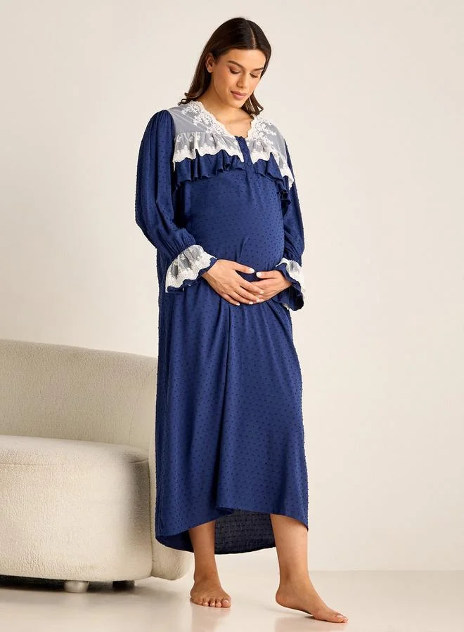 Splash FAV Lace Detail Textured Maternity Dress with Long Sleeves