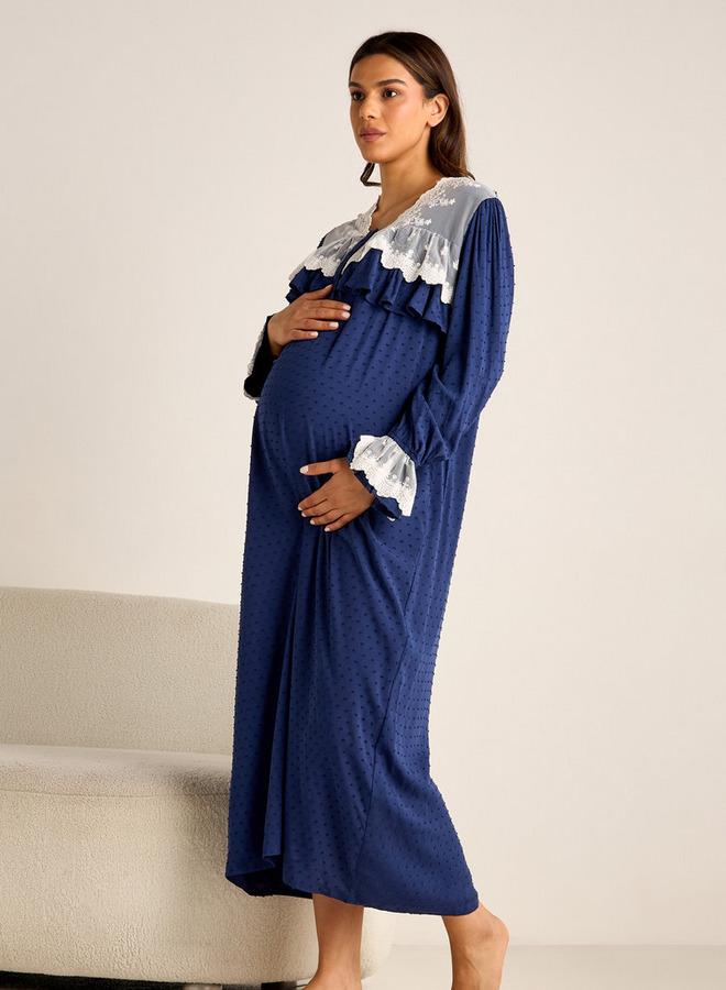 Splash FAV Lace Detail Textured Maternity Dress with Long Sleeves - Image 1