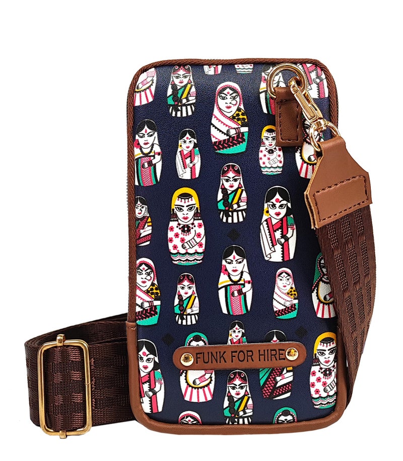 Funk For Hire Womens Leatherette Doll Printed Mobile Holder Sling Bag - Navy And Brown - Image 1