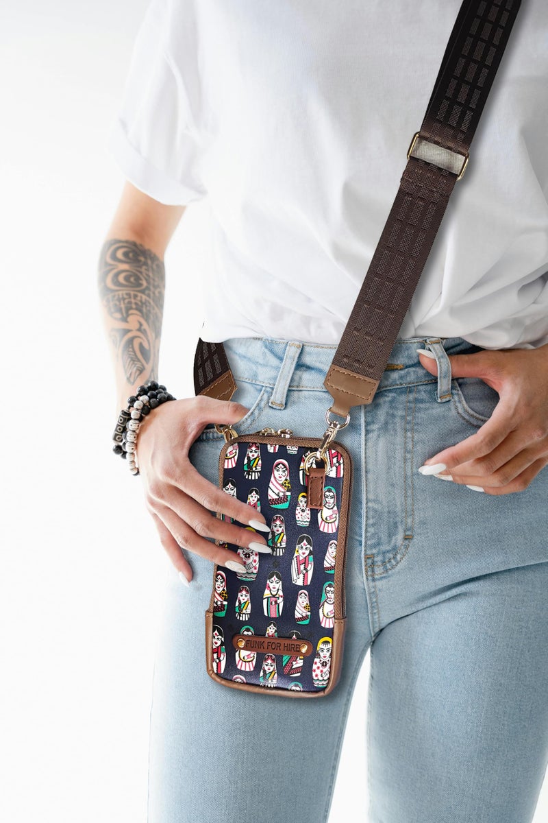 Funk For Hire Womens Leatherette Doll Printed Mobile Holder Sling Bag - Navy And Brown - Image 5
