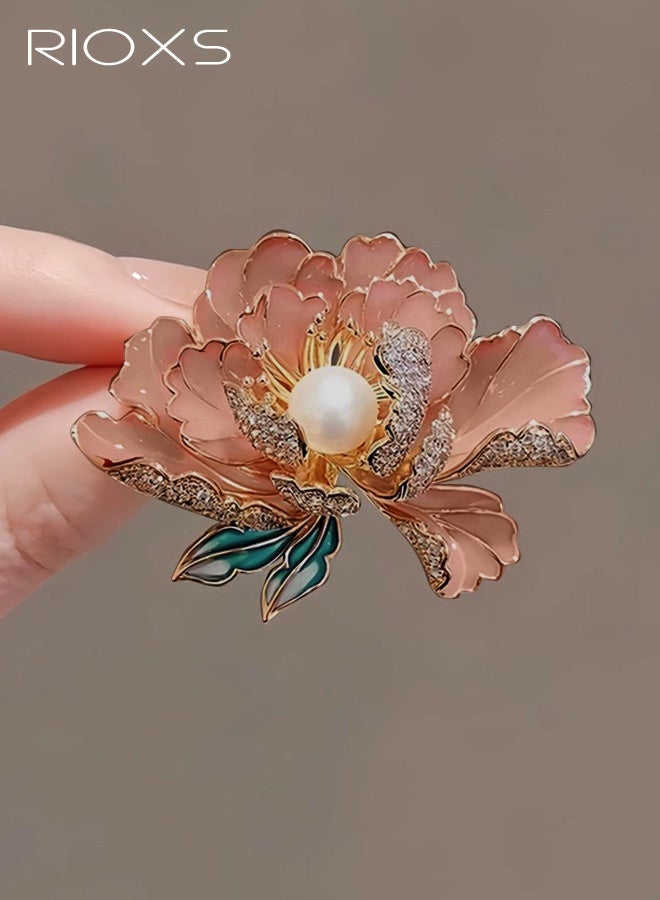 RIOXS Pearl Rhinestone Peony Flower Brooch Pin, Graceful Cubic Zircon Peony Pearl Enamel Badges Lapel Pins, Blue Pink Floral Broochs For Clothes Bag Hat Dress, Trendy Banquet Prom Dress Jewelry Accessories Gift - Image 1
