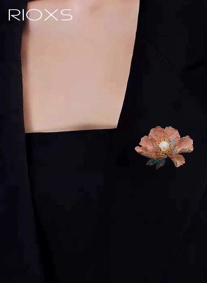 RIOXS Pearl Rhinestone Peony Flower Brooch Pin, Graceful Cubic Zircon Peony Pearl Enamel Badges Lapel Pins, Blue Pink Floral Broochs For Clothes Bag Hat Dress, Trendy Banquet Prom Dress Jewelry Accessories Gift - Image 2