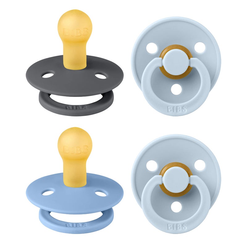 BIBS Pacifiers - Colour 4 Pack | Round Nipple Baby Pacifier | BPA Free Natural Rubber Latex Soother | Made in Denmark | Size 0-6 Months | Blue Colors - Image 1