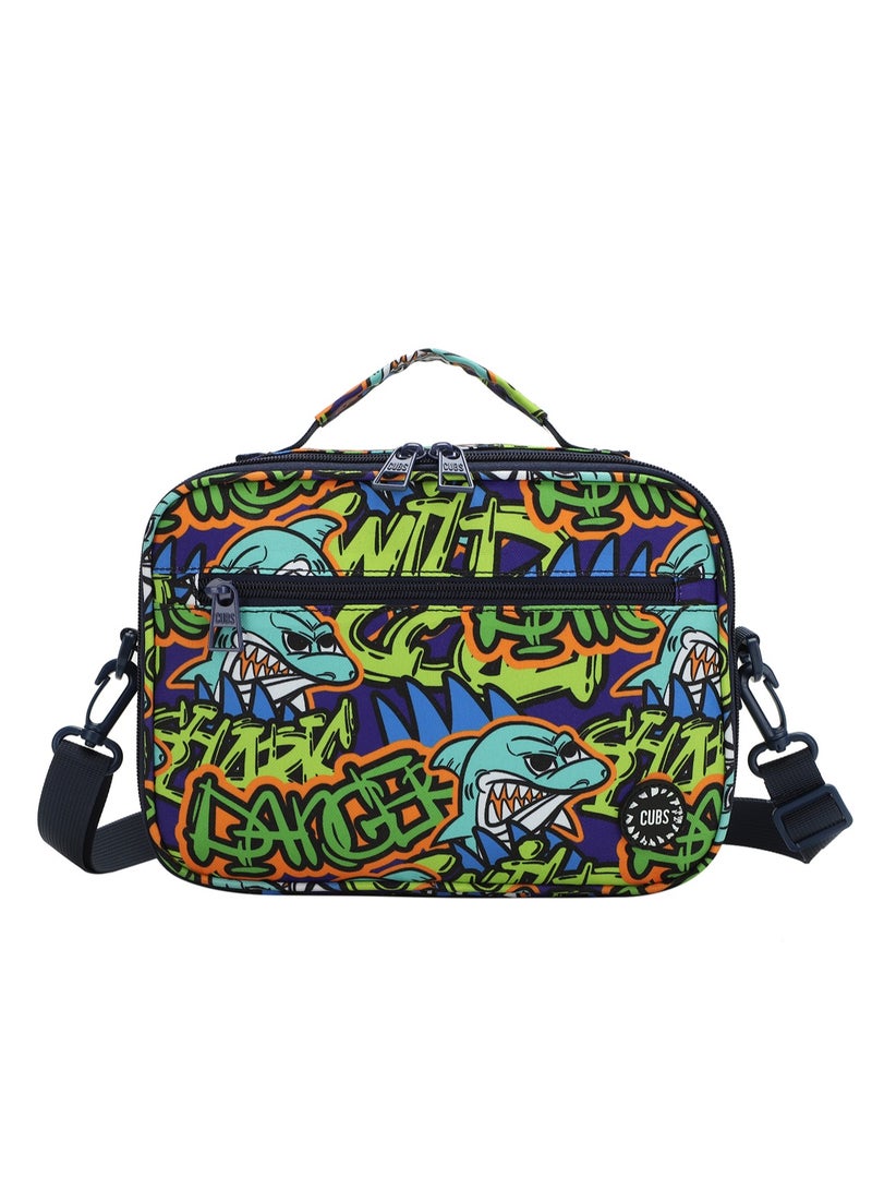 CUBS Shark Print Waterproof lunch bag with removable shoulder strap carrying your favorite meals to school, work or while traveling - Image 1