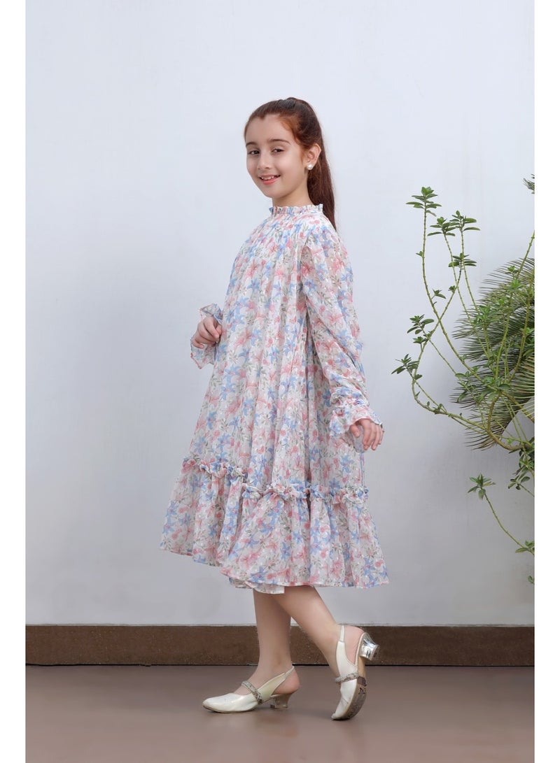 Luxe & Hardy Girls Blush Ivory Floral Printed Puff Sleeve Drop-Waist Midi Dress - Image 2