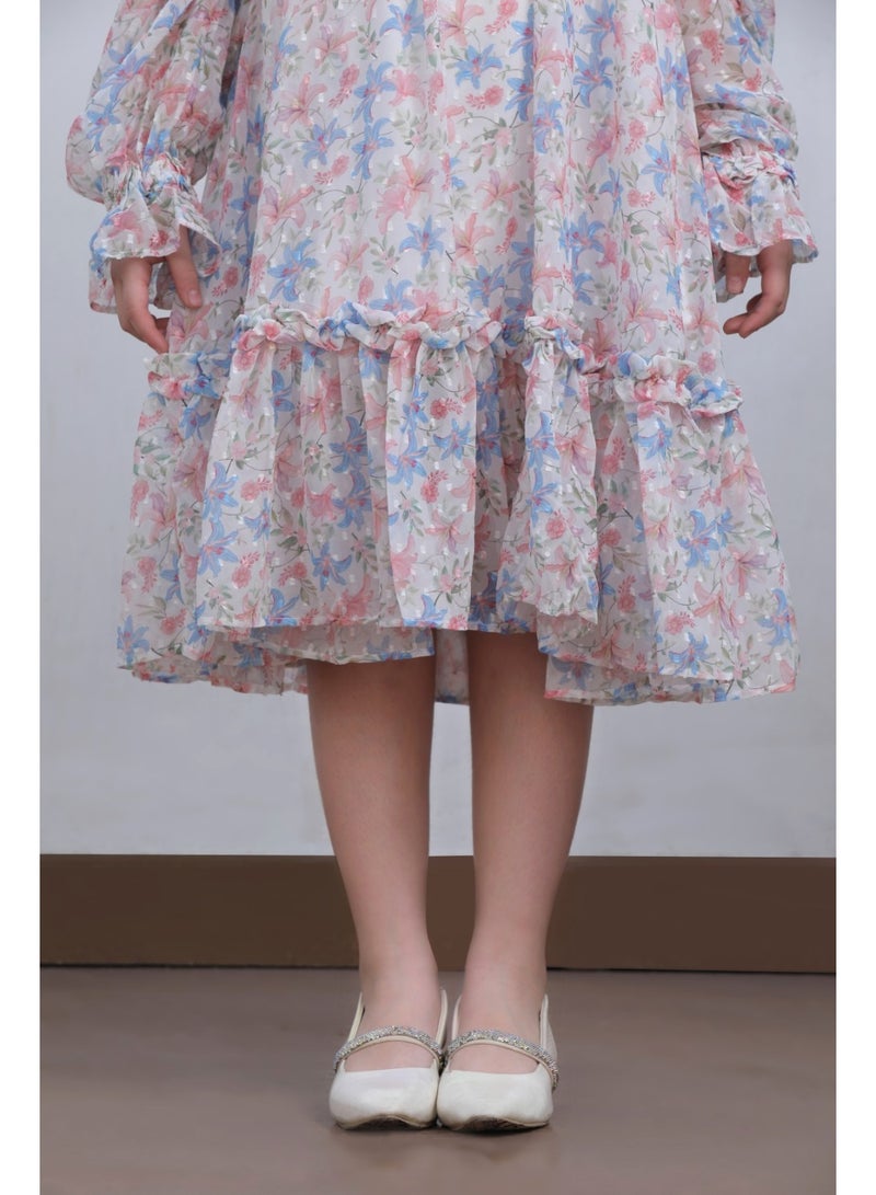 Luxe & Hardy Girls Blush Ivory Floral Printed Puff Sleeve Drop-Waist Midi Dress - Image 5