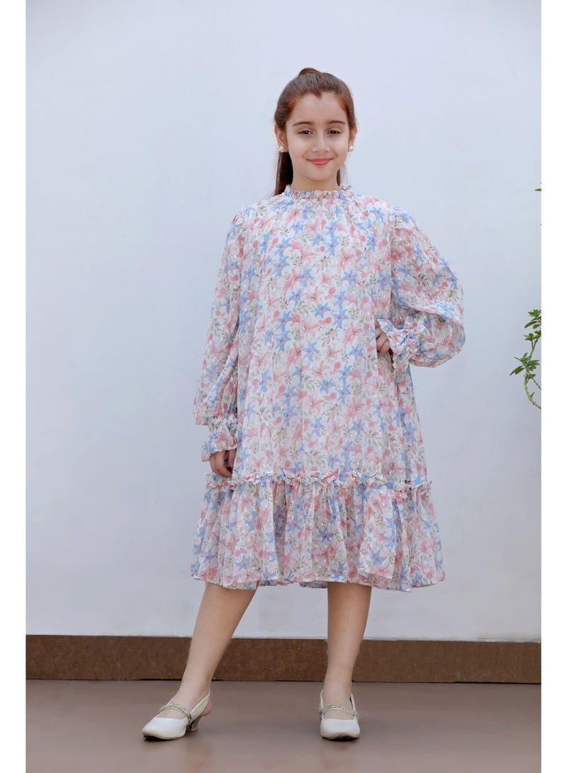 Luxe & Hardy Girls Blush Ivory Floral Printed Puff Sleeve Drop-Waist Midi Dress - Image 1