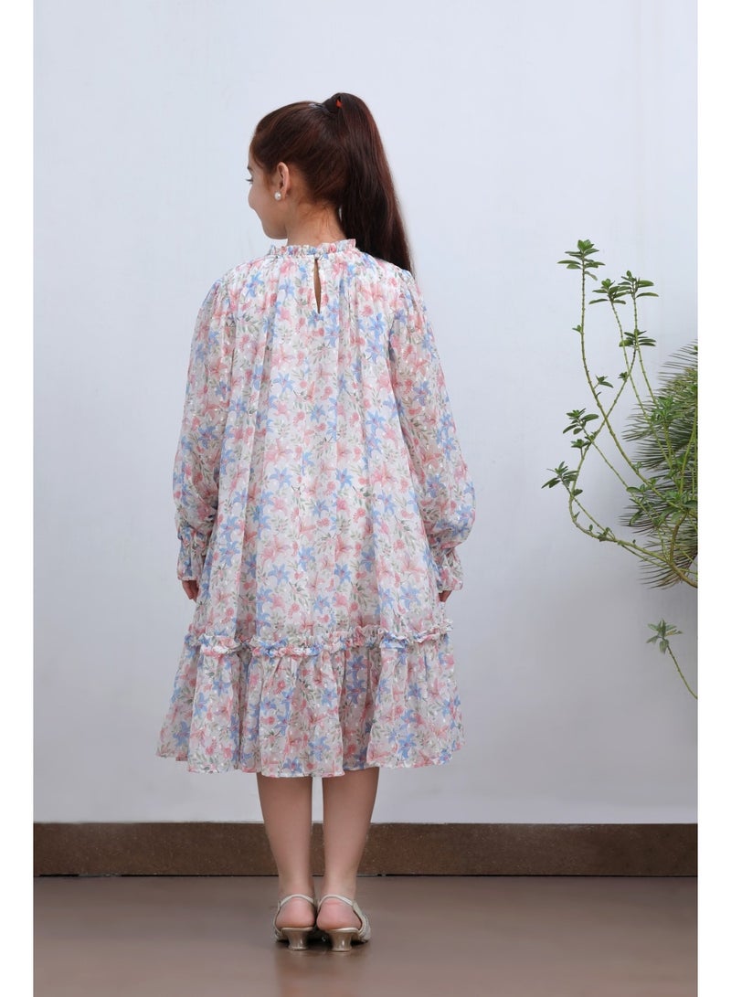Luxe & Hardy Girls Blush Ivory Floral Printed Puff Sleeve Drop-Waist Midi Dress - Image 3