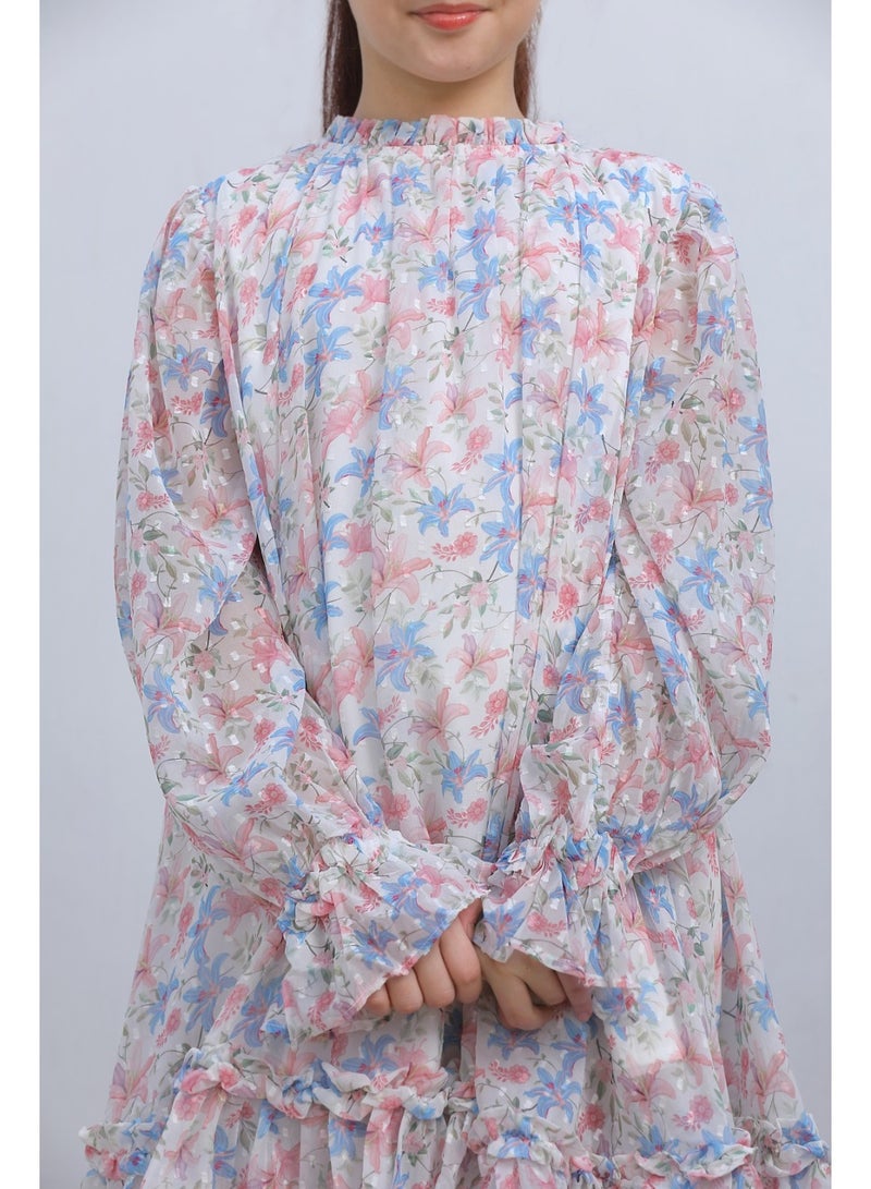 Luxe & Hardy Girls Blush Ivory Floral Printed Puff Sleeve Drop-Waist Midi Dress - Image 4