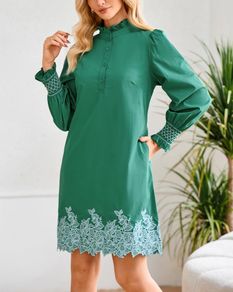 YEXPINE Women's Spring Embroidered Mini Dress Long Puff Sleeve Ruffle Collar Button Front Shift Dress Green - Image 2