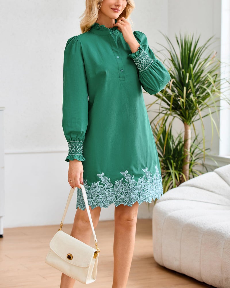 YEXPINE Women's Spring Embroidered Mini Dress Long Puff Sleeve Ruffle Collar Button Front Shift Dress Green - Image 5