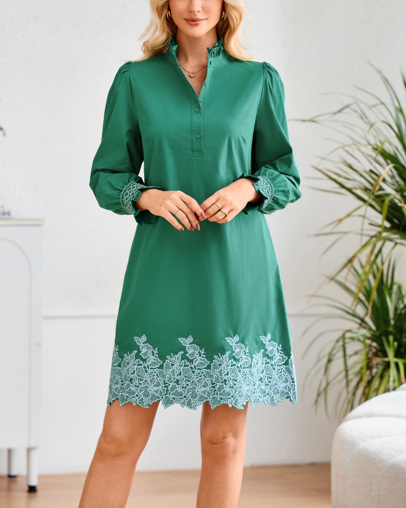 YEXPINE Women's Spring Embroidered Mini Dress Long Puff Sleeve Ruffle Collar Button Front Shift Dress Green - Image 4