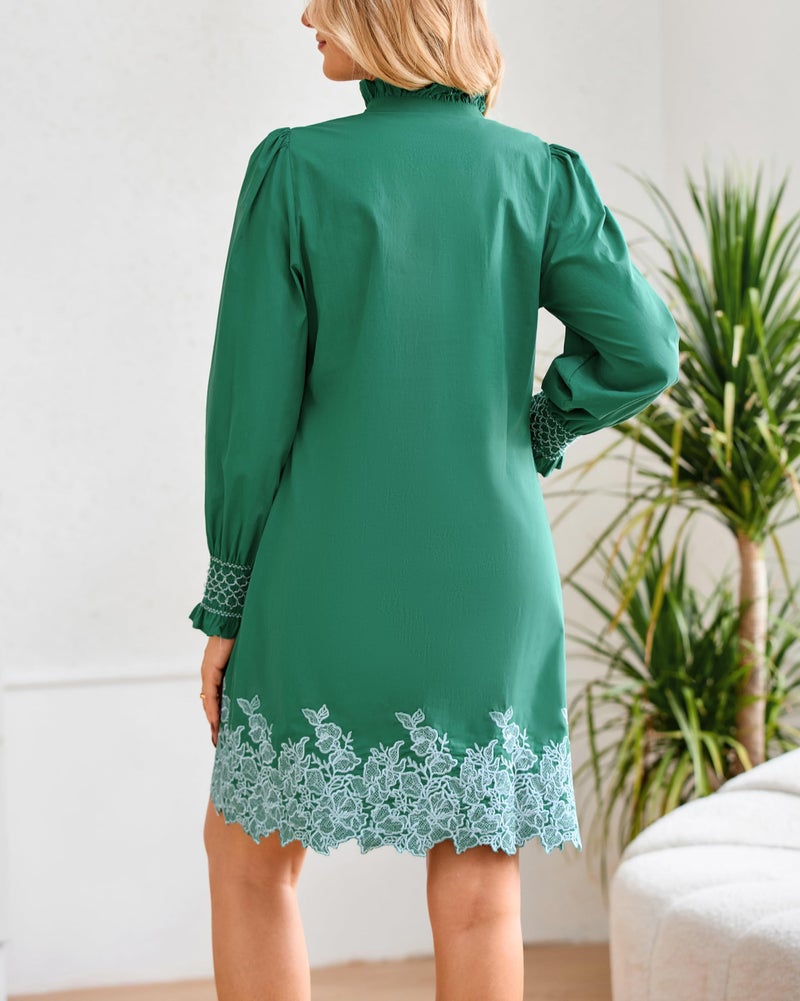 YEXPINE Women's Spring Embroidered Mini Dress Long Puff Sleeve Ruffle Collar Button Front Shift Dress Green - Image 3