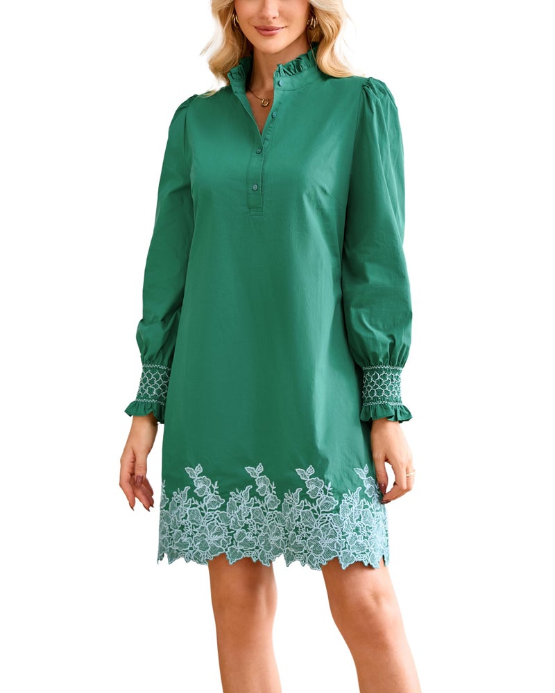 YEXPINE Women's Spring Embroidered Mini Dress Long Puff Sleeve Ruffle Collar Button Front Shift Dress Green - Image 1