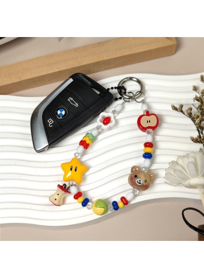 NIBEMINENT Beaded Phone Lanyard, Anti Lost Removable Wrist Strap, Cute Little Bear Star Bracelet Pendant, Phone Keychain Lanyard, White