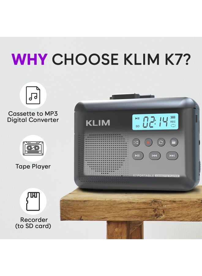 KLIM K7 Cassette Tape Player - Cassette to MP3 Converter - Portable Cassette Player - Tape Recorder with Built-in Microphone & Speaker - Rechargeable Battery - Earphones - 16GB SD Card - Ash - Image 2