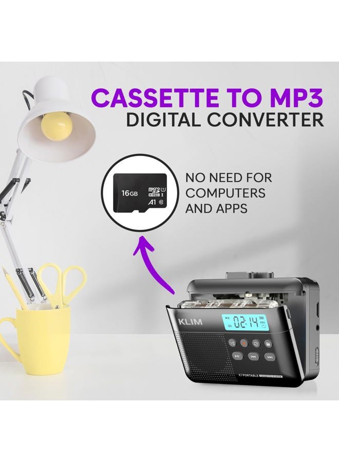 KLIM K7 Cassette Tape Player - Cassette to MP3 Converter - Portable Cassette Player - Tape Recorder with Built-in Microphone & Speaker - Rechargeable Battery - Earphones - 16GB SD Card - Ash - Image 3