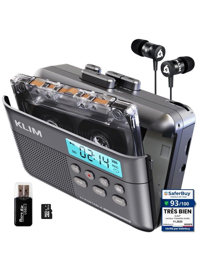 KLIM K7 Cassette Tape Player - Cassette to MP3 Converter - Portable Cassette Player - Tape Recorder with Built-in Microphone & Speaker - Rechargeable Battery - Earphones - 16GB SD Card - Ash - Image 1