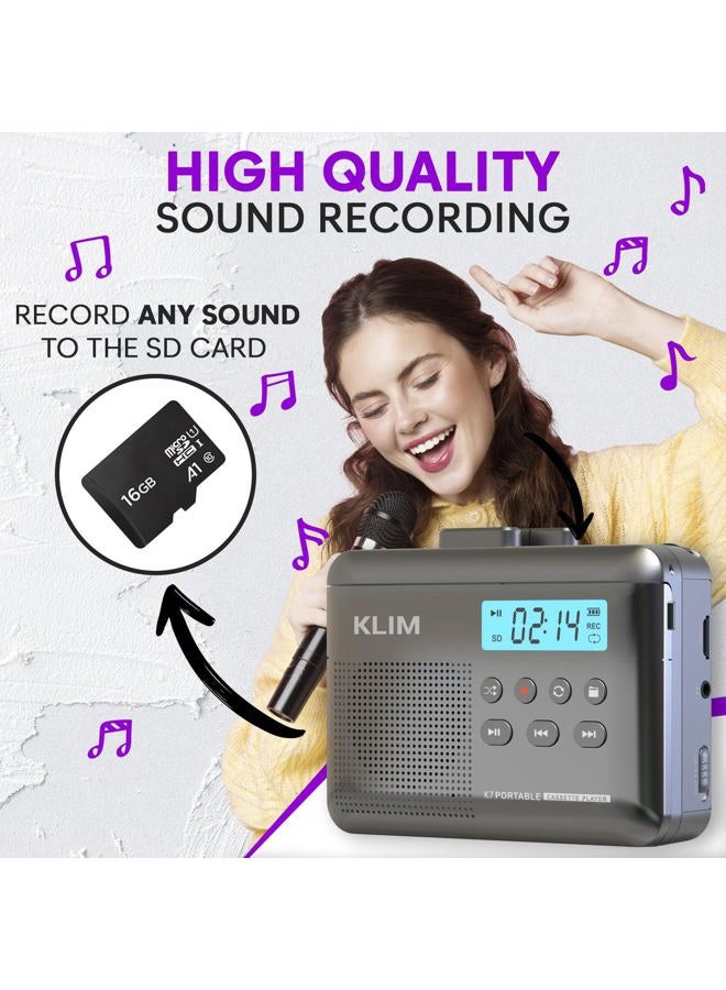KLIM K7 Cassette Tape Player - Cassette to MP3 Converter - Portable Cassette Player - Tape Recorder with Built-in Microphone & Speaker - Rechargeable Battery - Earphones - 16GB SD Card - Ash - Image 4