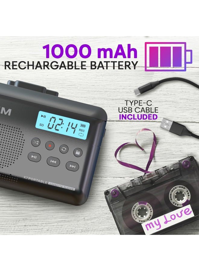 KLIM K7 Cassette Tape Player - Cassette to MP3 Converter - Portable Cassette Player - Tape Recorder with Built-in Microphone & Speaker - Rechargeable Battery - Earphones - 16GB SD Card - Ash - Image 5