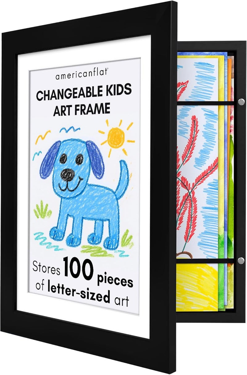 Americanflat Front Loading Kids Art Frame in Black - 8.5x11 Picture Frame with Mat and 10x12.5 Without Mat - Kids Artwork Frames Changeable Display - Frames for Kids Artwork Holds 100 Pieces - Image 1