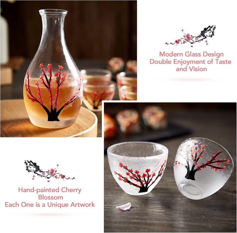 DUJUST Japanese Sake Set for 4, Handcraft Pink Cherry Blossoms Design, 1 Sake Bottle, 1 Sake Tank and 4 Sake Cups, Cold/Warm/Hot Sake Carafe, Special Japanese Gifts Set - 6 pcs - Image 2