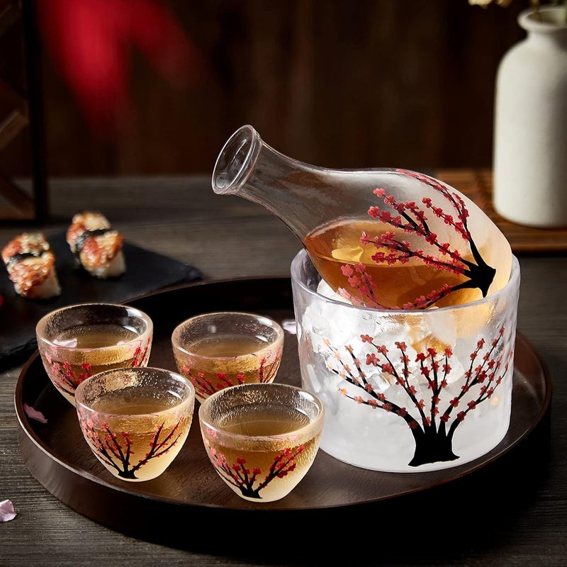 DUJUST Japanese Sake Set for 4, Handcraft Pink Cherry Blossoms Design, 1 Sake Bottle, 1 Sake Tank and 4 Sake Cups, Cold/Warm/Hot Sake Carafe, Special Japanese Gifts Set - 6 pcs - Image 1