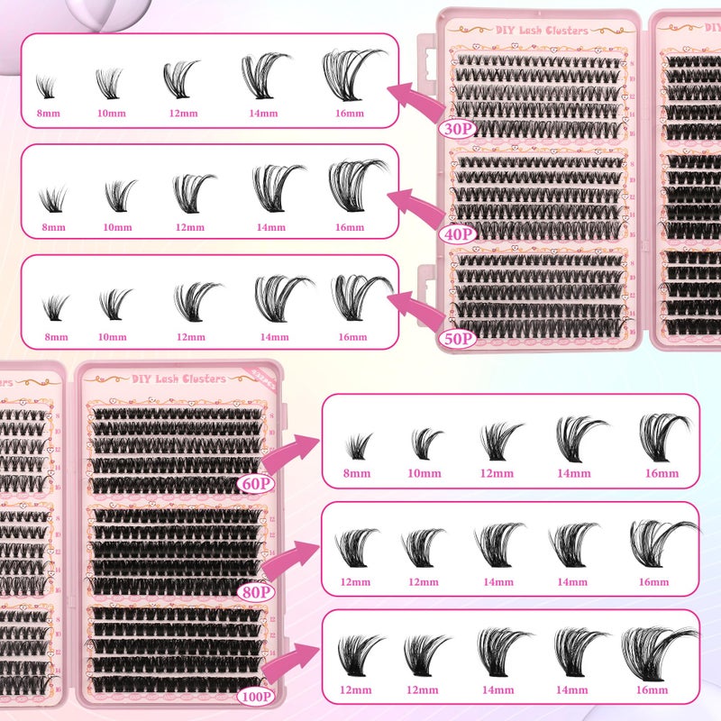 Gmagictobo Lash Clusters Fluffy DIY Lash Clusters Kit Volume Lash Extension Kit 570Pcs Individual Lashes Clusters Thin Band Eyelash Extension Kit Lash Bond and Seal Lash Tweezers - Image 4