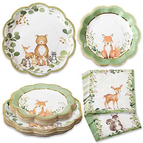 Kate Aspen Woodland Baby Shower Decorations 62Piece Disposable Paper Plates  Napkins Party Supplies for 16 Guests  Woodlands Animals Theme for Baby Boy Shower Table Decorations Gender Reveal